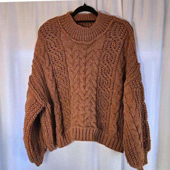 POL Women Brown Cable Knit Sweater Size‎ L Mock Neck Long Sleeve - Picture 3 of 9